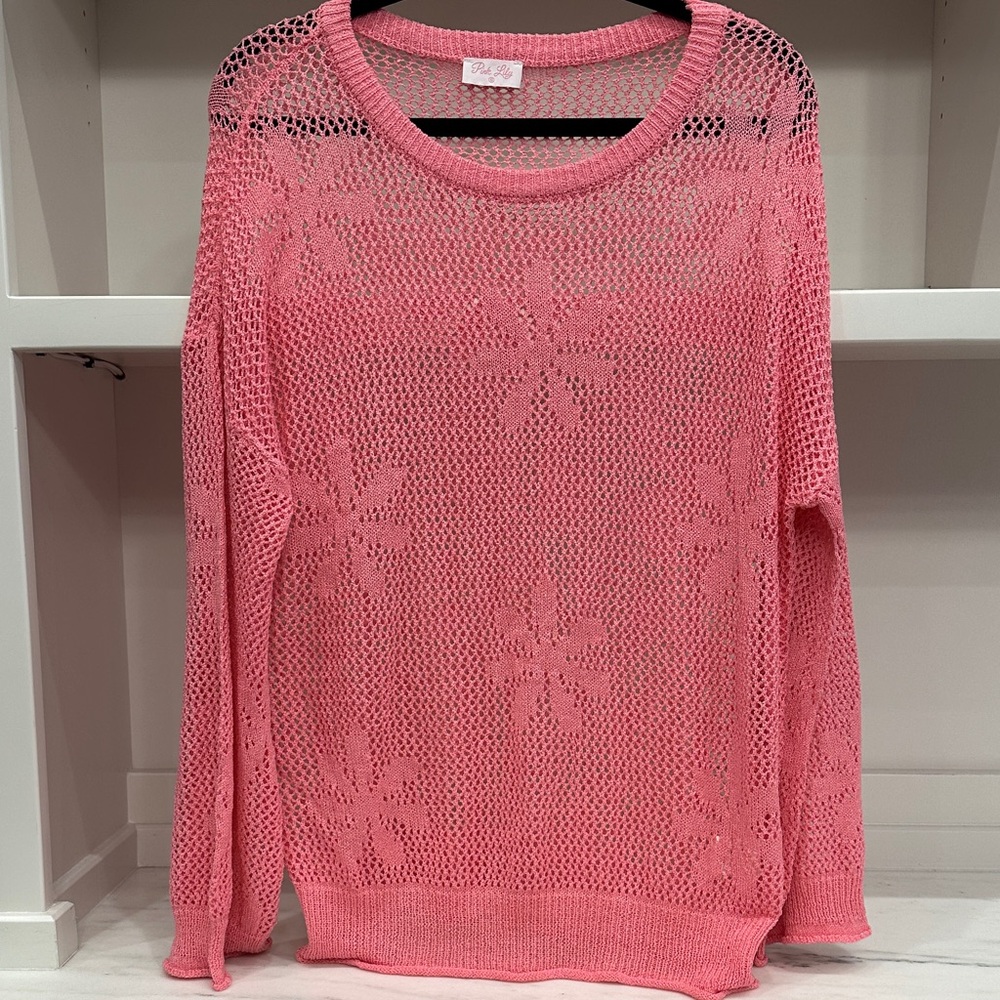 Pink Lily small Pink Floral swim long sleeve cover up sweater. Like new